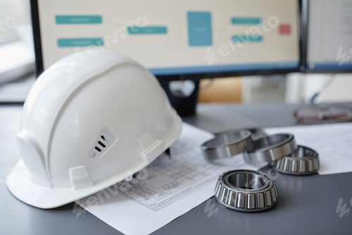 Preview: Steel ball bearings and machine parts on engineers workplace with hardhat
