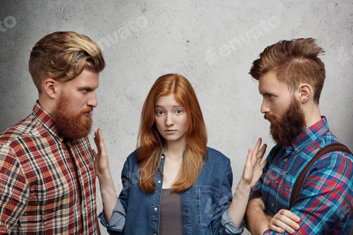 Preview: Love triangle, adultery, relationships and hard choice problem. Young beautiful woman looking confus