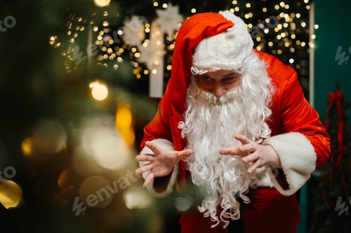 Preview: Santa claus conjuring christmas magic near decorated tree