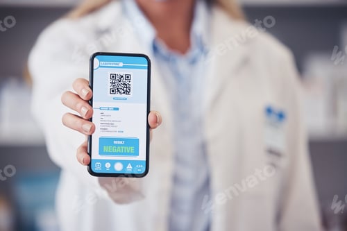 Preview: Qr code, hand and phone screen for health results with an app for monkeypox safety. Healthcare, dig