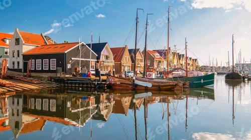 Preview: Urk Netherlands October histroical harbor on a sunny day, Small town of Urk village Netherlands