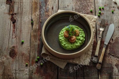 Preview: Seared Scallops with pea puree on a plate, copy space
