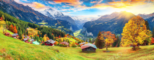 Preview: Fabulous autumn view of picturesque alpine Wengen village and Lauterbrunnen Valley