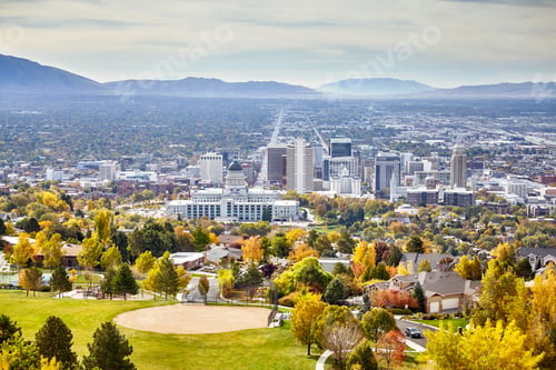 Preview: Aerial view of the Salt Lake City downtown in autumn.