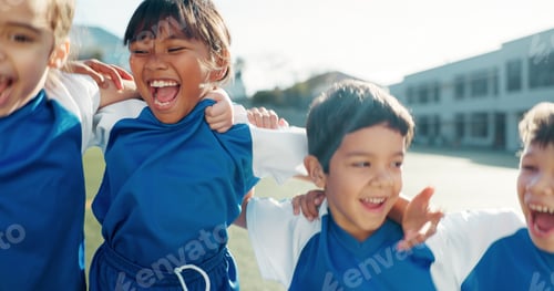Preview: Children, soccer team and happy with hug on field, celebration and achievement for sport tournament