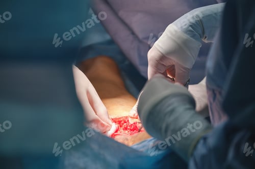 Preview: Closeup of doctors hands operating a patient conducting open cut surgery