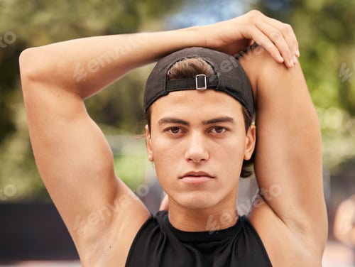 Preview: Face, fitness and stretching with a sports man getting ready for a game outdoor during summer. Port