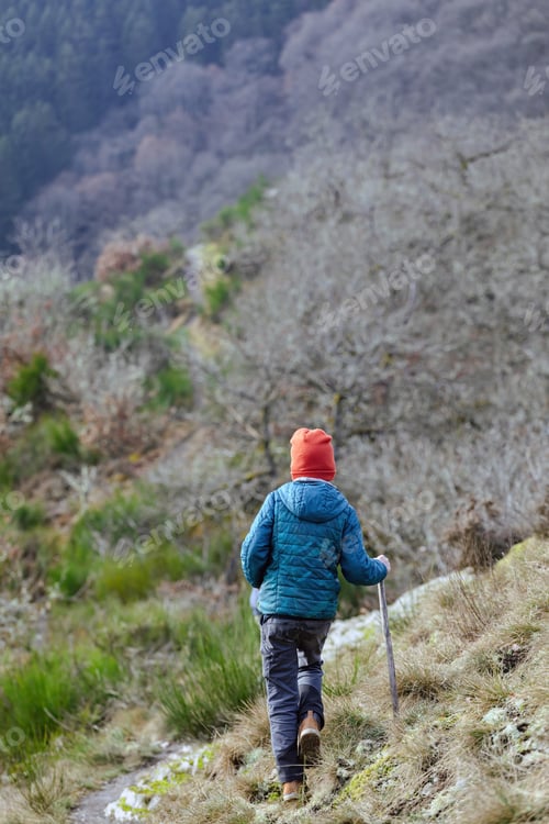 Preview: boy walking on the rocks with a stick