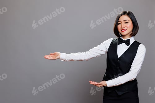 Preview: Waitress pointing with hands to right