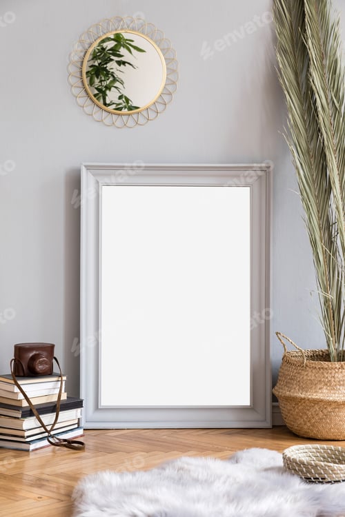 Preview: Elegant interior of bedroom with design furnitures and mock up poster frame.