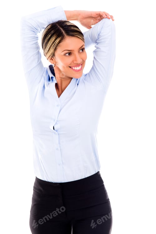 Preview: Business Woman Stretching Her Arm And Smiling - Isolated Over White