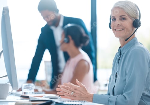 Preview: Call center, contact us and happy customer support employee, insurance agent or sales consultant at