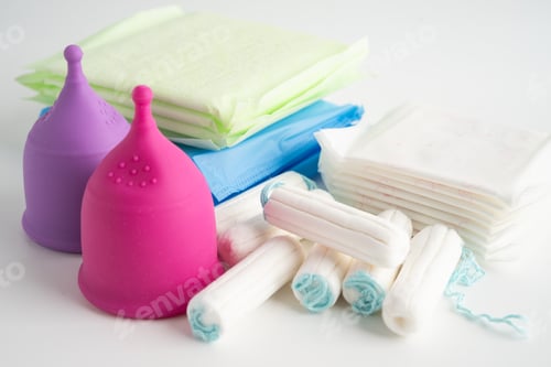 Preview: Menstruation cycle with sanitary pad and cotton tampon for woman hygiene and protection.