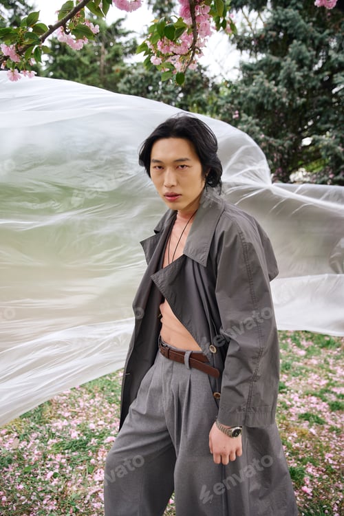 Preview: Young man showcasing minimalist fashion in stylish grey outfit among blooming flowers