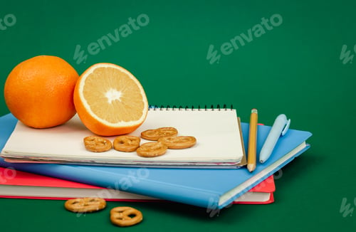 Preview: Notebooks and orange on green background, school snack concept.