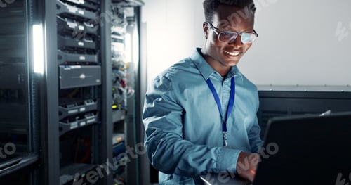 Preview: Laptop, server room and technician programming software, update or system network maintenance. Tech