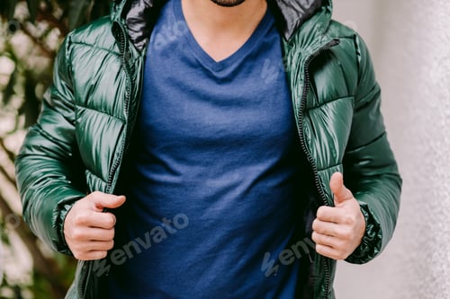 Preview: Placeit man wearing blue t-shirt mockup and jacket outdoors
