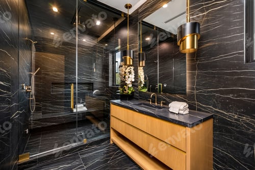 Preview: Luxurious modern bathroom with black marble and gold accents.