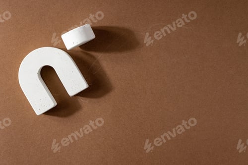 Preview: Abstract background with white geometric forms and podium . Circle and arch on brown