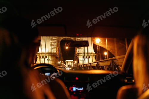 Preview: unusual view from car at chain famous bridge in Budapest city