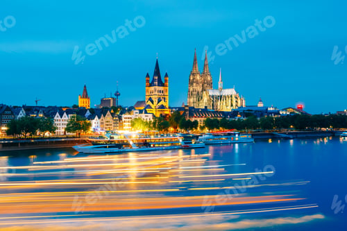 Preview: Great St. Martin Church And Dom In Cologne At Evening With Refle