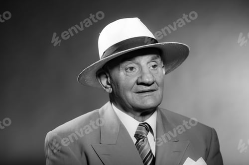 Preview: Senior Glamour Vintage Man Wearing Suit And Tie And Hat. Black And White Studio Shot. Gangster