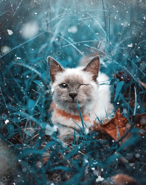 Preview: Portrait of a cute winking cat sitting in a snowing grass field
