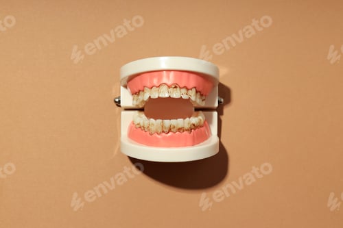 Preview: Concept of tooth care, jaws on light brown background
