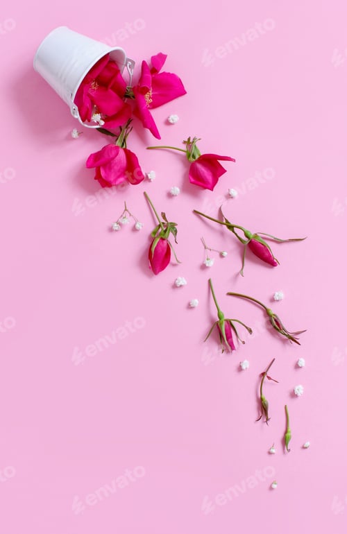 Preview: Spring composition with pink flowers falling from bucket