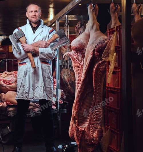 Preview: A butcher in a meat factory.