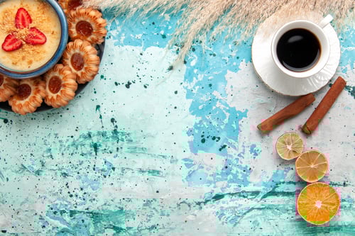 Preview: top view delicious sugar cookies with coffee and strawberry dessert on blue background cookie