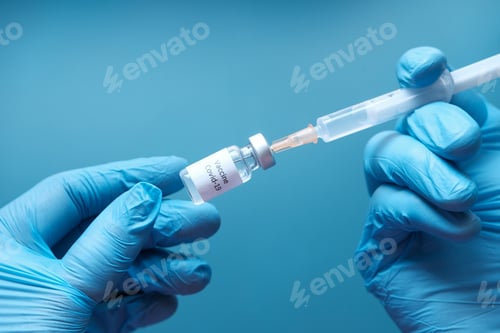 Preview: Doctor hands in medical gloves holds syringe and vaccine.