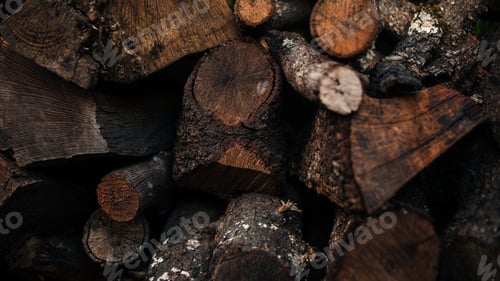 Preview: Stacked firewood storage close up. Stocks of wooden logs texture.