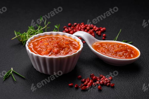 Preview: Delicious spicy tomato sauce with pepper, garlic, salt, spices and herbs