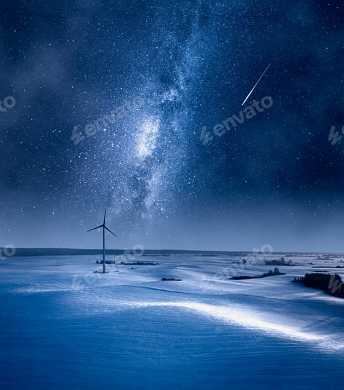 Preview: Milky way over wind turbine. Alternative energy in Poland.