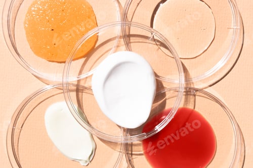 Preview: Cosmetic texture of beauty products closeup top view. Body cream, lotion, peptide, hyaluronic acid