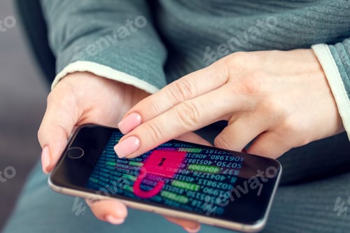 Preview: Mobile phone in female hands with screen showing compromised virus infected device. Cyber attack.