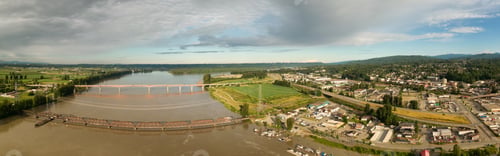 Preview: Aerial Panoramic View of Fraser River, Bridge and Mission City