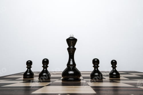 Preview: Chessboard with wooden figures against grey background
