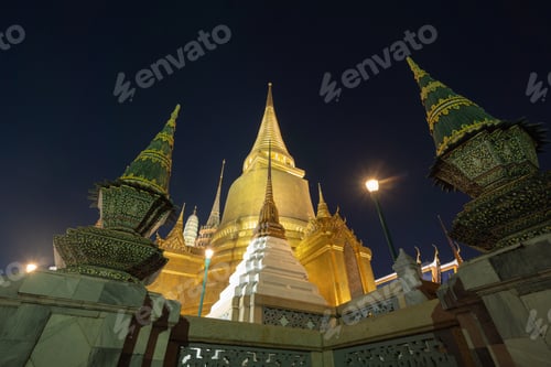 Preview: Golden pagoda at Temple of the Emerald Buddha in Bangkok, Thailand. Wat Phra Kaew and Grand palace