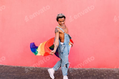 Preview: Happy guy in casuals walking against pink wall holding LGBT flag
