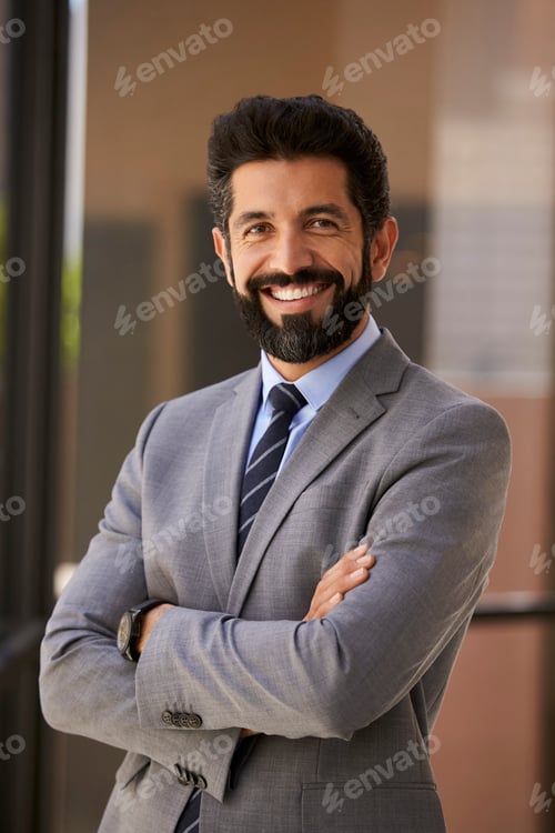 Preview: Smiling Hispanic businessman with arms crossed, vertical