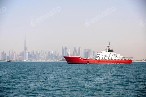 Preview: a boat sailing in front of the city skyline on a bright day