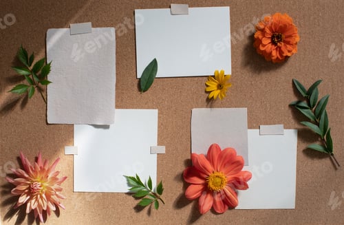 Preview: Inspiration mood board. Paper mock ups, flowers on cork board with lights and shadows.