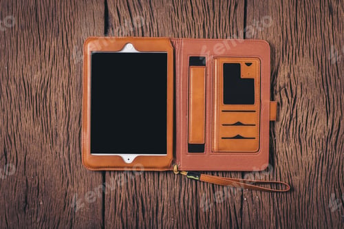 Preview: Top view Tablet computer on wood background