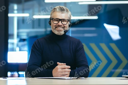 Preview: Webcam view, senior experienced gray haired businessman looking at camera and smiling, online