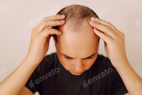 Preview: Baldness on the head of a middle-aged man. Hair loss. Male hair loss, early baldness and alopecia.