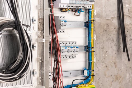 Preview: Voltage switchboard with circuit breakers, close up.
