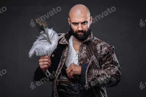 Preview: Pirate wearing vest and holding his hat against a textured dark background