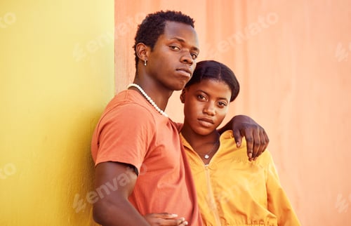 Preview: Fashion portrait of African couple, people or friends relax with designer brand clothes, casual sty